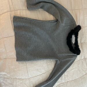 Saks Fifth Avenue Charcoal Knit Top with Black Fur Trim